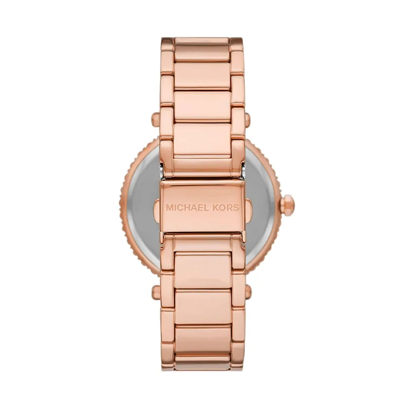 Reloj Mkors analogo, para Dama, tablero redondo color blanco, estilo index + arabigo, pulso acero color rosa, calendario
