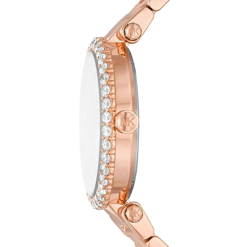 Reloj Mkors analogo, para Dama, tablero redondo color blanco, estilo index + arabigo, pulso acero color rosa, calendario
