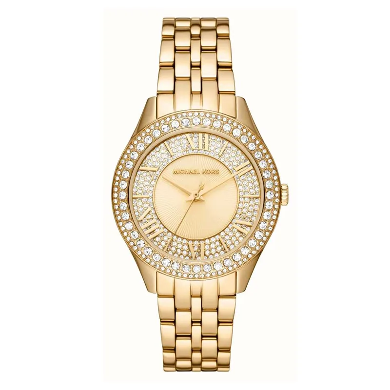 Reloj Mkors análogo, para Dama, tablero redondo color dorado, estilo index + romano, pulso acero color dorado