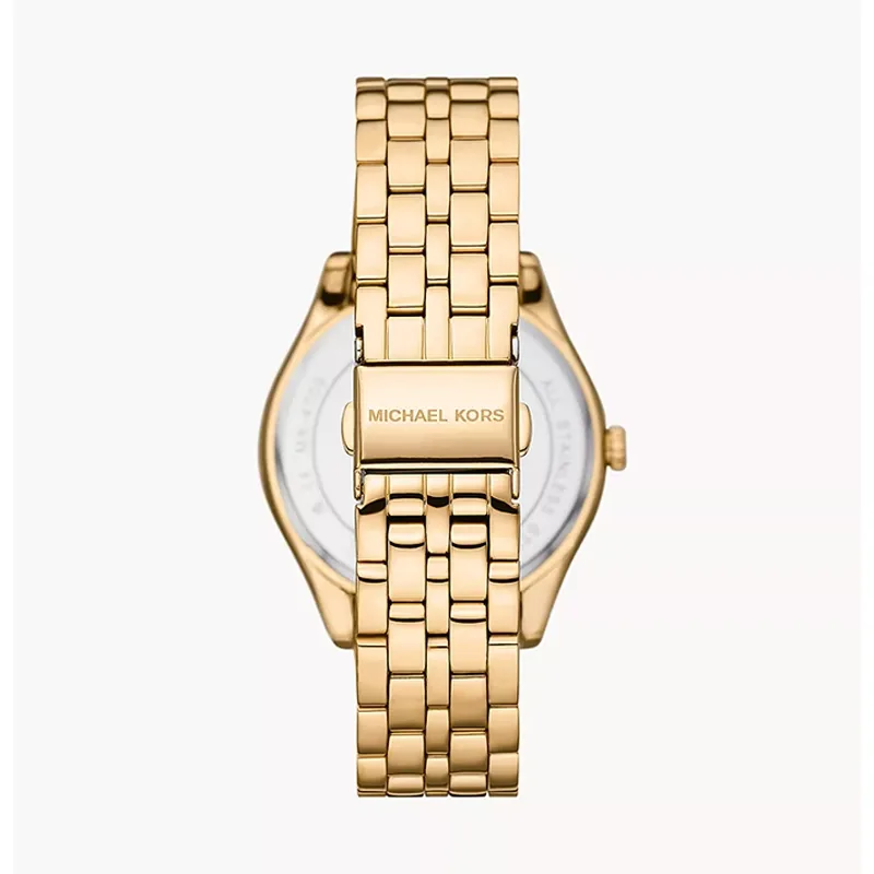 Reloj Mkors análogo, para Dama, tablero redondo color dorado, estilo index + romano, pulso acero color dorado
