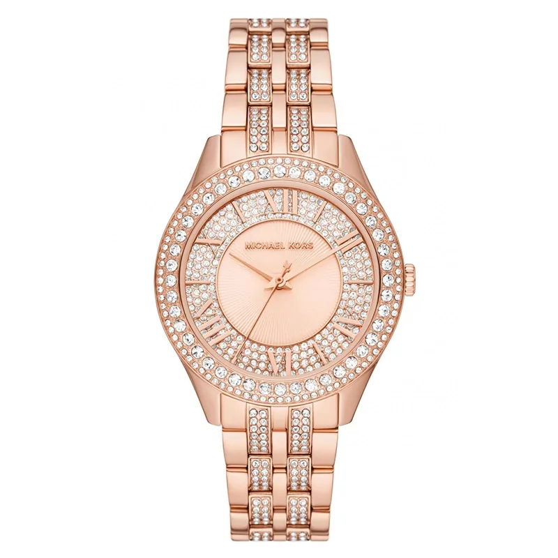 Reloj Mkors análogo, para Dama, tablero redondo color rosa, estilo index + romano, pulso acero color rosa