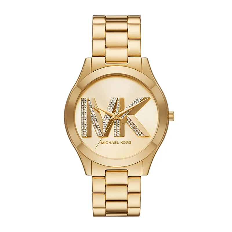 Reloj Mkors analogo, para Dama, tablero redondo color dorado, estilo sin numeros, pulso acero color dorado