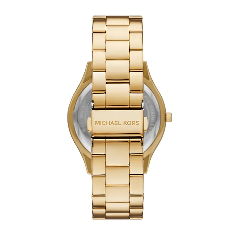 Reloj Mkors analogo, para Dama, tablero redondo color dorado, estilo sin numeros, pulso acero color dorado