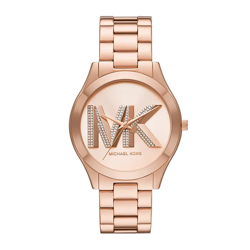 Reloj Mkors analogo, para Dama, tablero redondo color rosa, estilo sin numeros, pulso acero color rosa