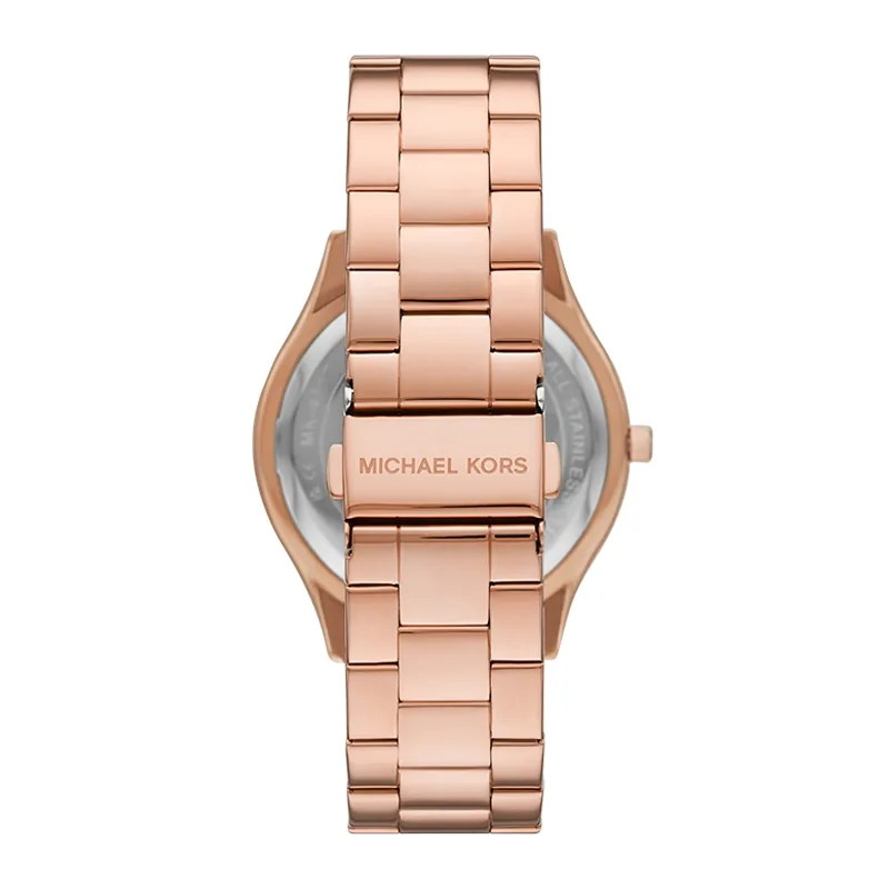 Reloj Mkors analogo, para Dama, tablero redondo color rosa, estilo sin numeros, pulso acero color rosa