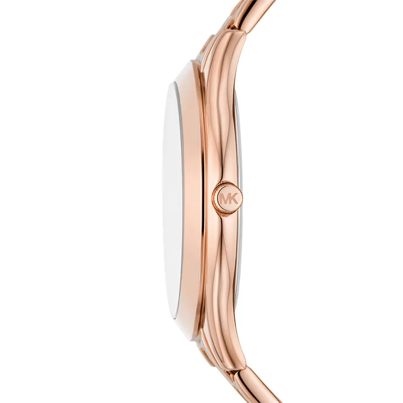 Reloj Mkors analogo, para Dama, tablero redondo color rosa, estilo sin numeros, pulso acero color rosa