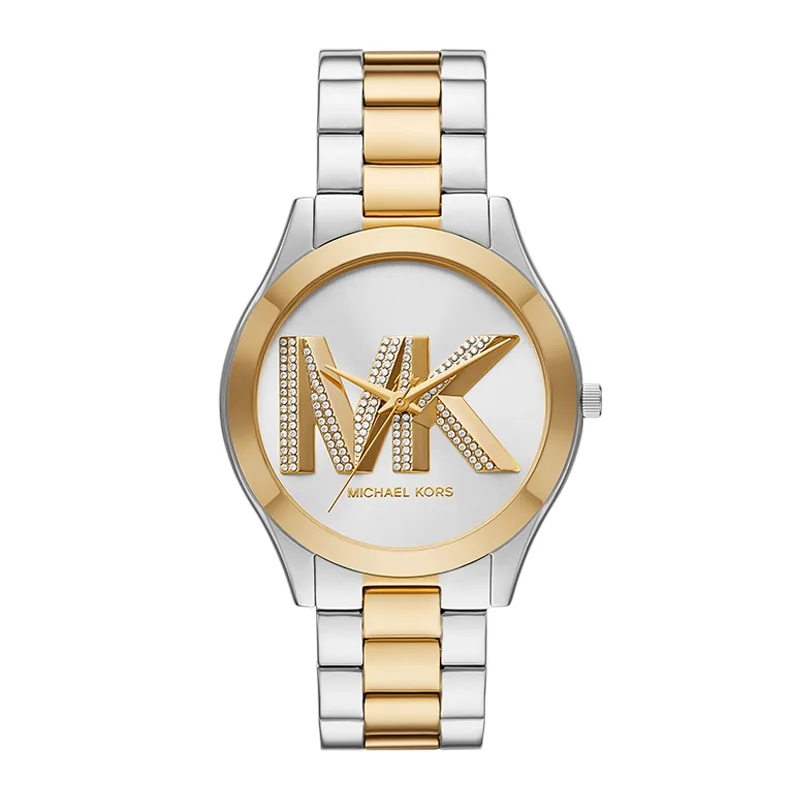 Reloj Mkors analogo, para Dama, tablero redondo colores plateado y dorado, estilo sin numeros, pulso acero colores plateado y dorado