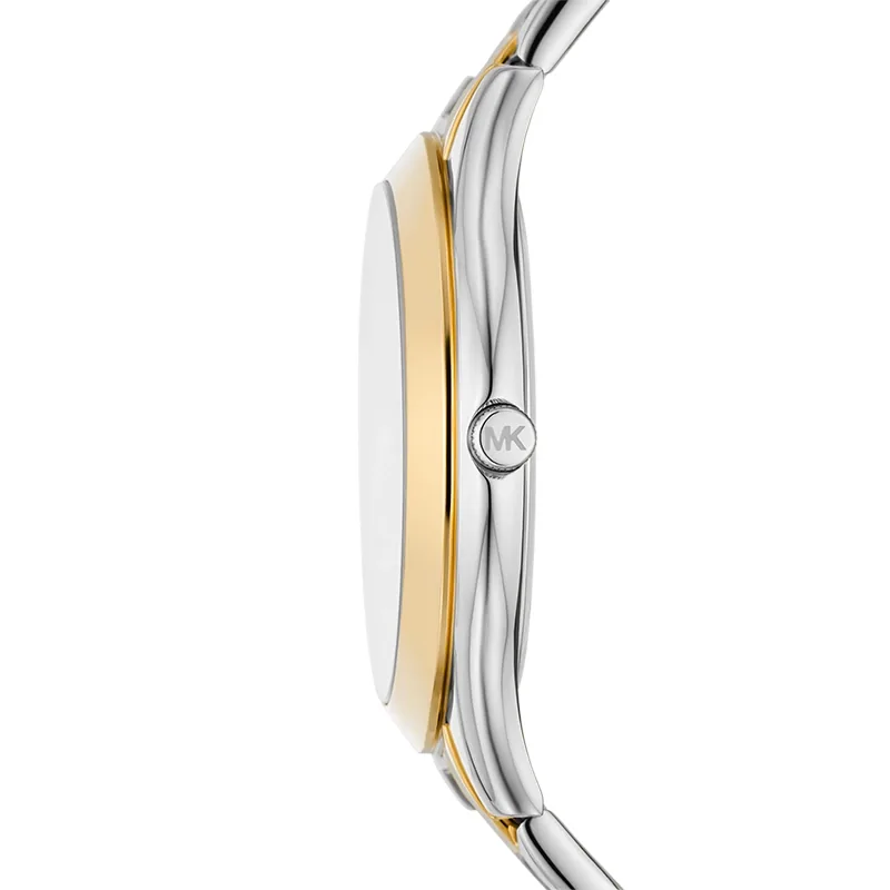 Reloj Mkors analogo, para Dama, tablero redondo colores plateado y dorado, estilo sin numeros, pulso acero colores plateado y dorado