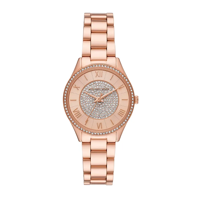 Reloj Mkors analogo, para Dama, tablero redondo color rosa, estilo index + romano, pulso acero color rosa
