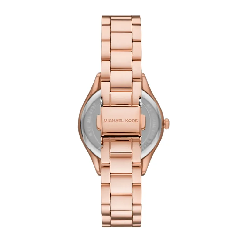 Reloj Mkors analogo, para Dama, tablero redondo color rosa, estilo index + romano, pulso acero color rosa