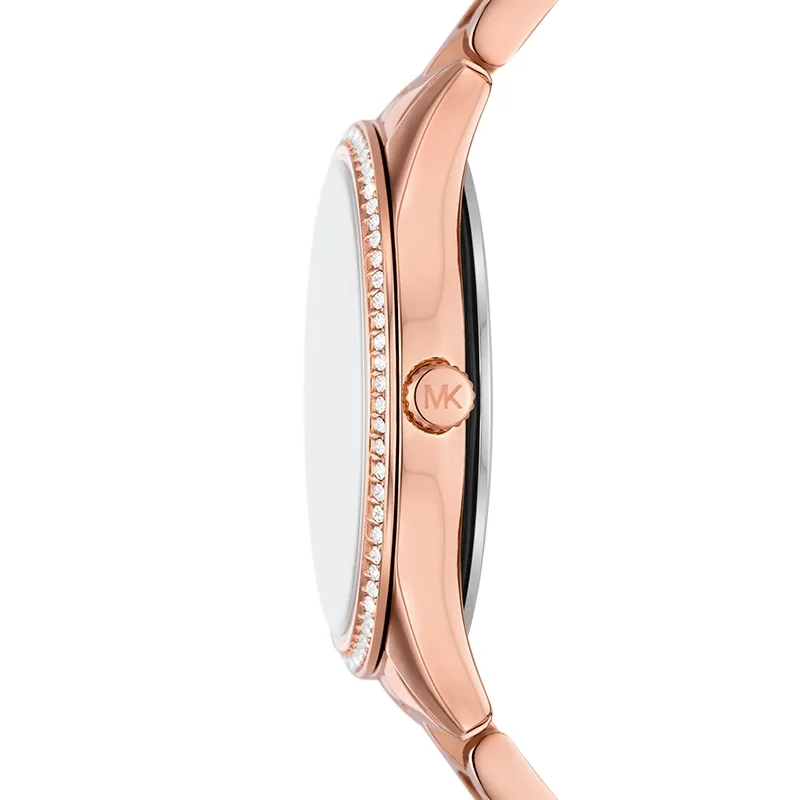 Reloj Mkors analogo, para Dama, tablero redondo color rosa, estilo index + romano, pulso acero color rosa