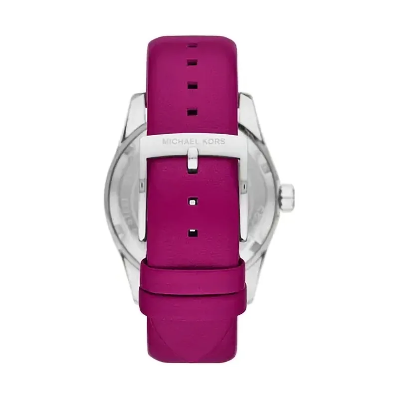 Reloj Mkors analogo, para Dama, tablero redondo color rosado, estilo index + romano, pulso cuero color rosado