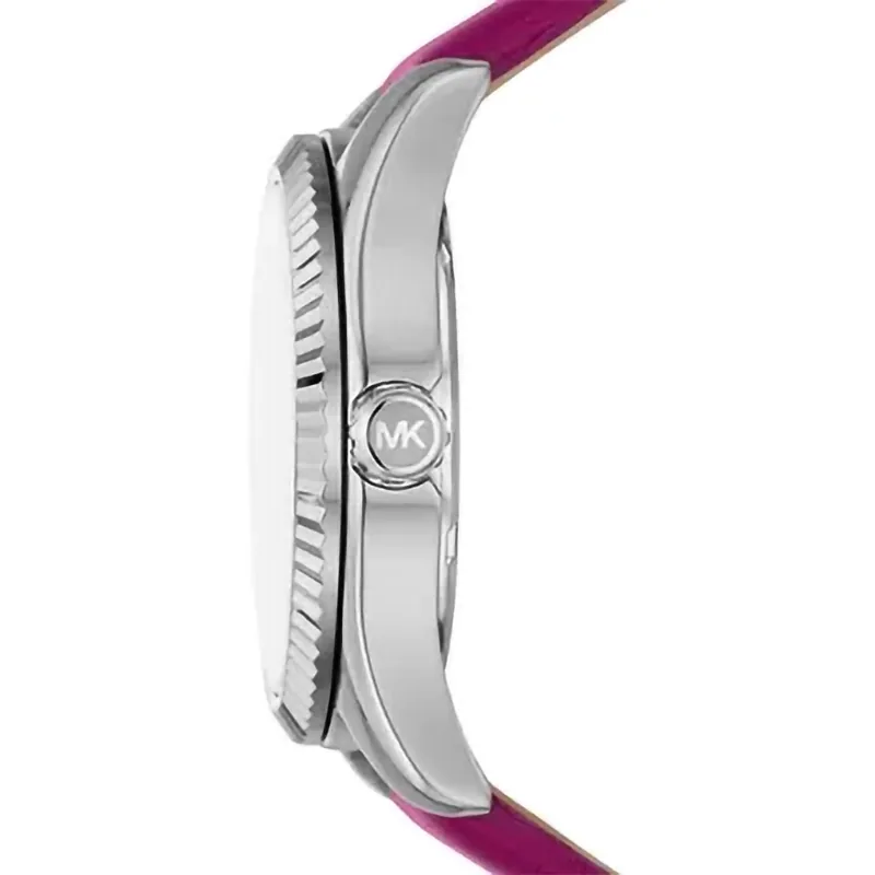 Reloj Mkors analogo, para Dama, tablero redondo color rosado, estilo index + romano, pulso cuero color rosado