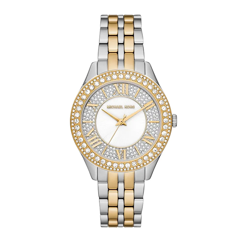 Reloj Mkors analogo, para Dama, tablero redondo color blanco, estilo index + romano, pulso acero colores plateado y dorado