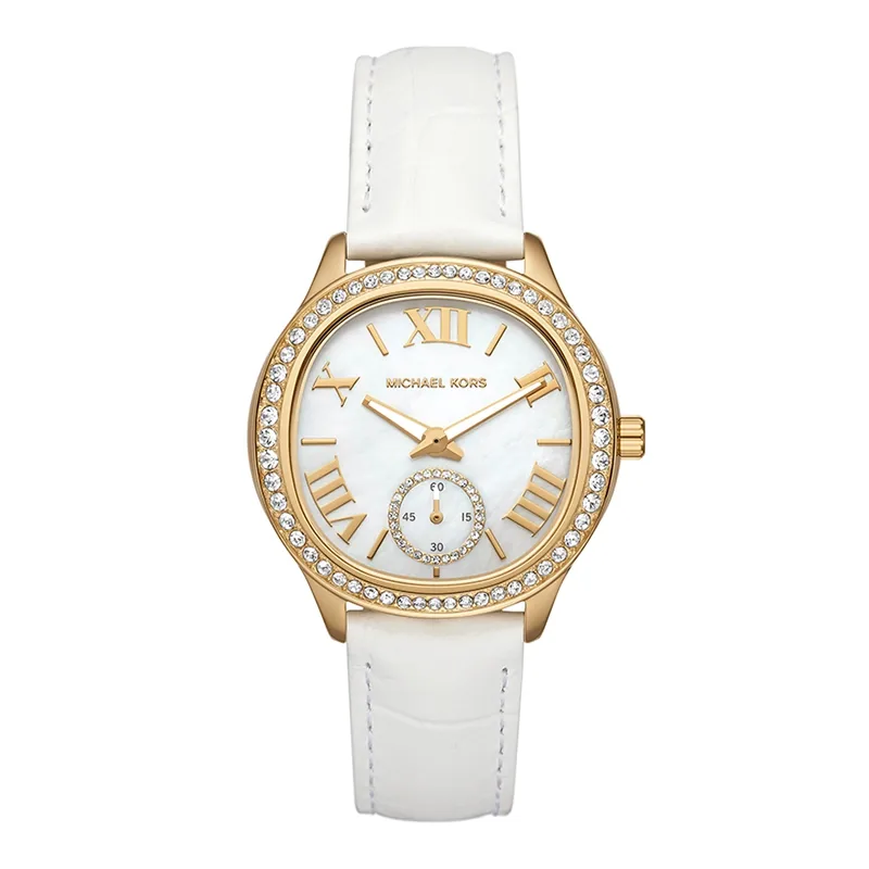 Reloj Mkors analogo, para Dama, tablero redondo colores blanco y dorado, estilo index + romano, pulso cuero color blanco