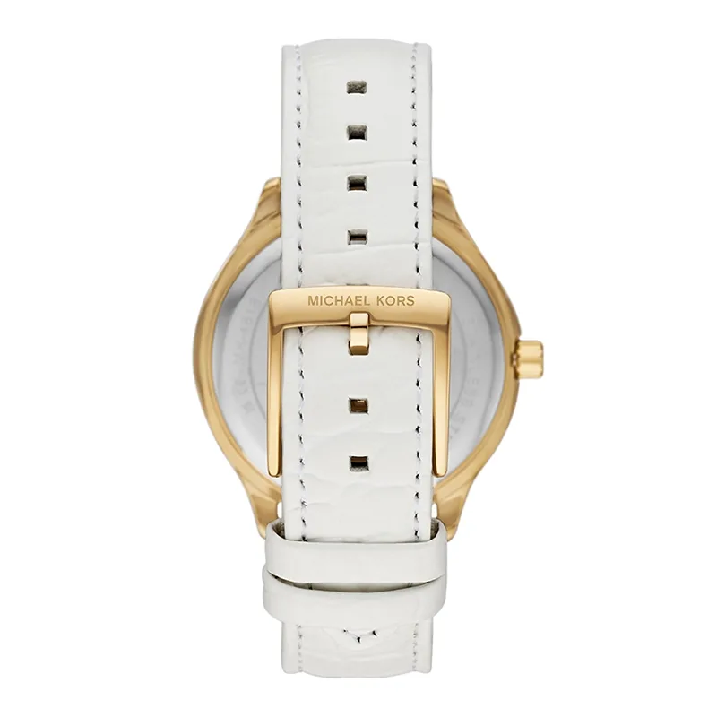 Reloj Mkors analogo, para Dama, tablero redondo colores blanco y dorado, estilo index + romano, pulso cuero color blanco