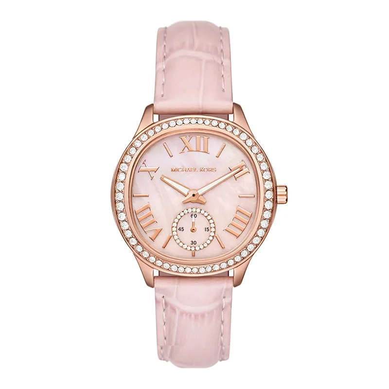 Reloj Mkors analogo, para Dama, tablero redondo colores rosado y rosa, estilo index + romano, pulso cuero color rosado