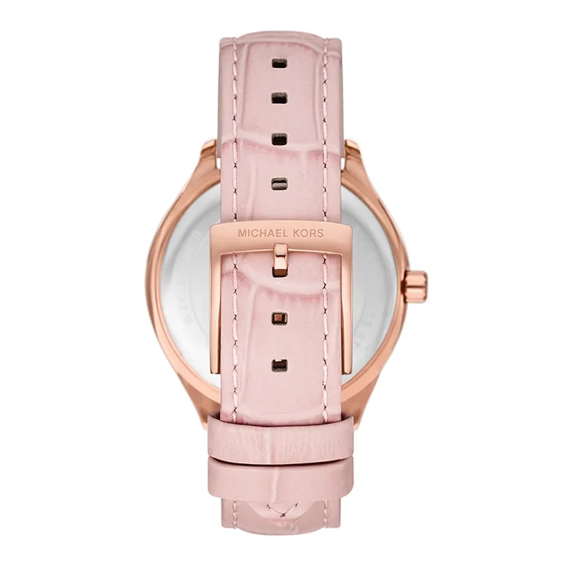 Reloj Mkors analogo, para Dama, tablero redondo colores rosado y rosa, estilo index + romano, pulso cuero color rosado