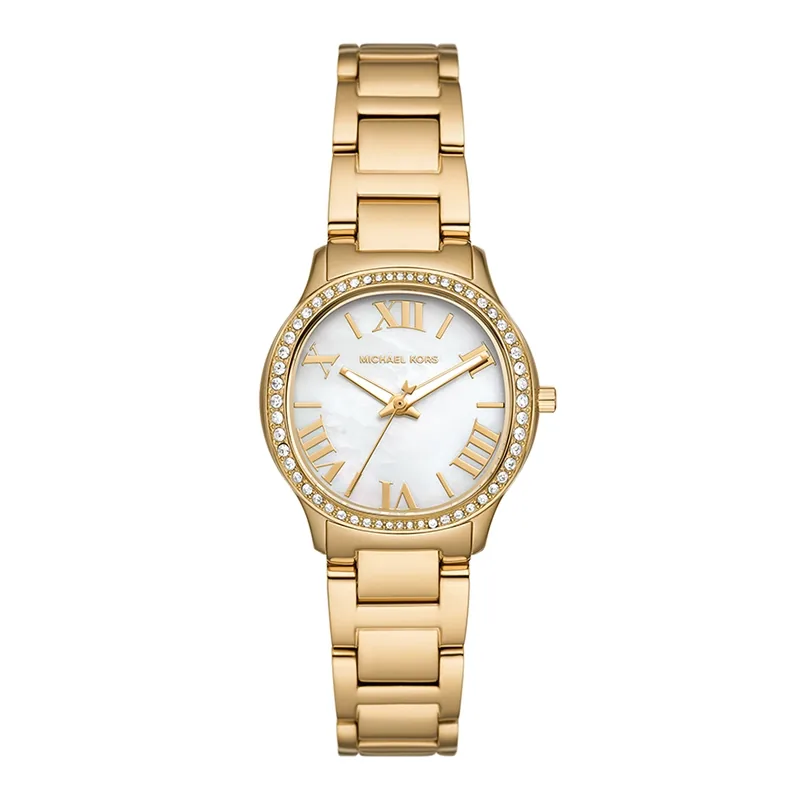 Reloj Mkors analogo, para Dama, tablero redondo colores blanco y dorado, estilo index + romano, pulso acero color dorado