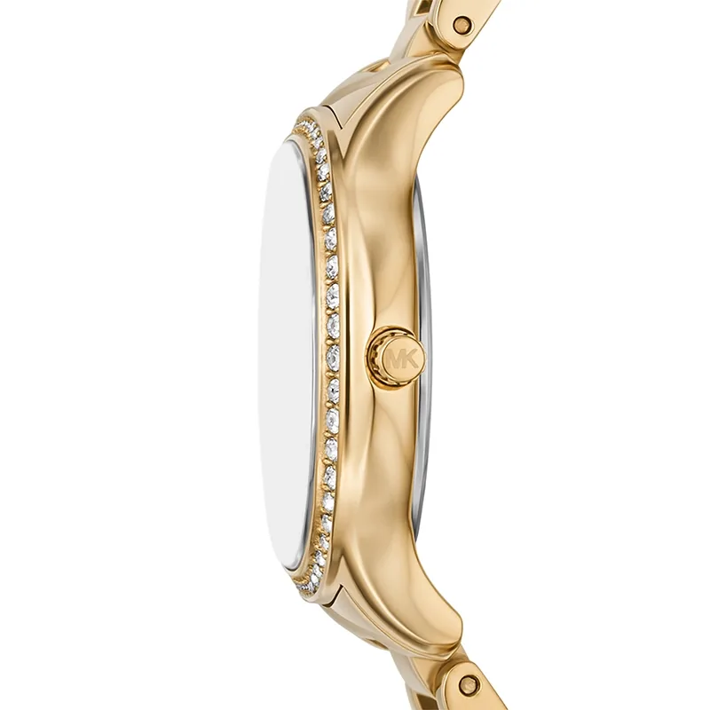 Reloj Mkors analogo, para Dama, tablero redondo colores blanco y dorado, estilo index + romano, pulso acero color dorado