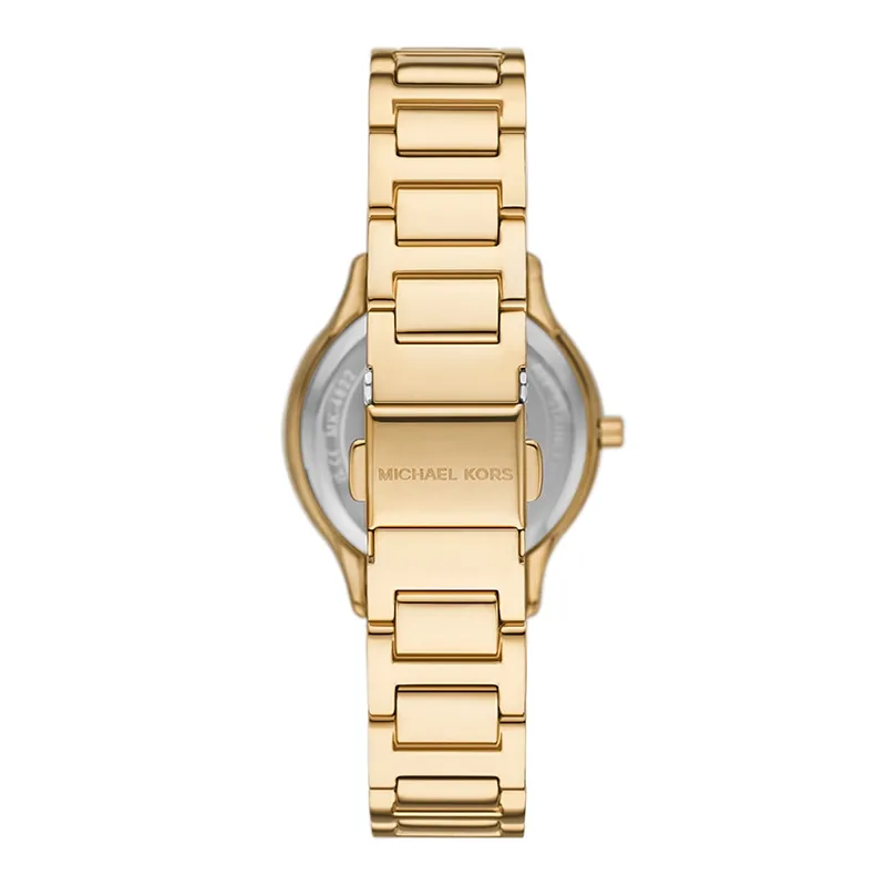 Reloj Mkors analogo, para Dama, tablero redondo colores blanco y dorado, estilo index + romano, pulso acero color dorado