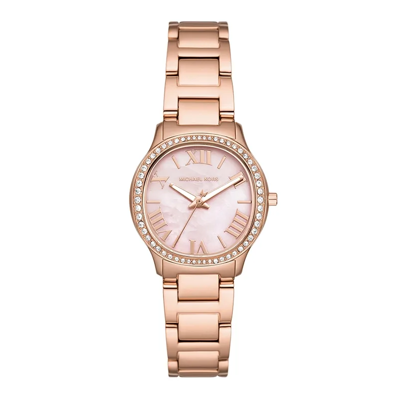Reloj Mkors analogo, para Dama, tablero redondo colores rosado y rosa, estilo index + romano, pulso acero color rosa
