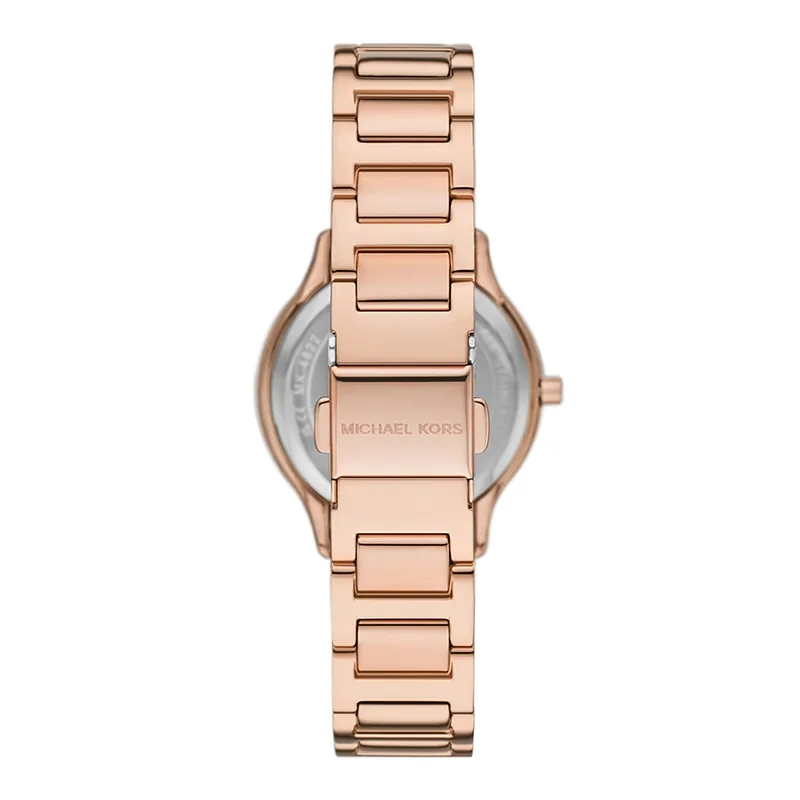 Reloj Mkors analogo, para Dama, tablero redondo colores rosado y rosa, estilo index + romano, pulso acero color rosa