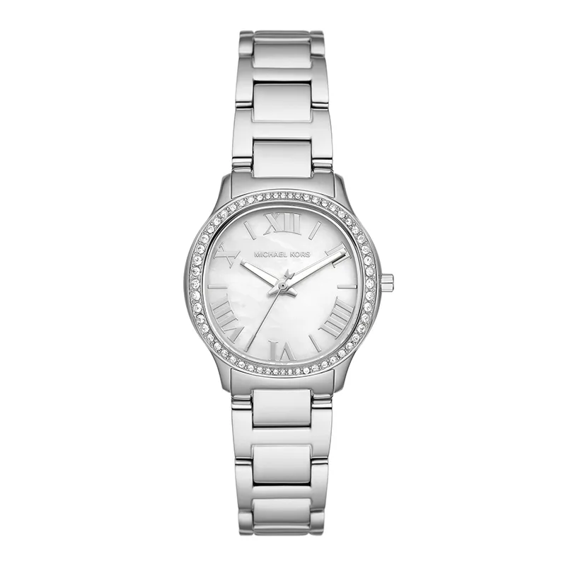 Reloj Mkors análogo, para Dama, tablero redondo color blanco, estilo index + romano, pulso acero color plateado