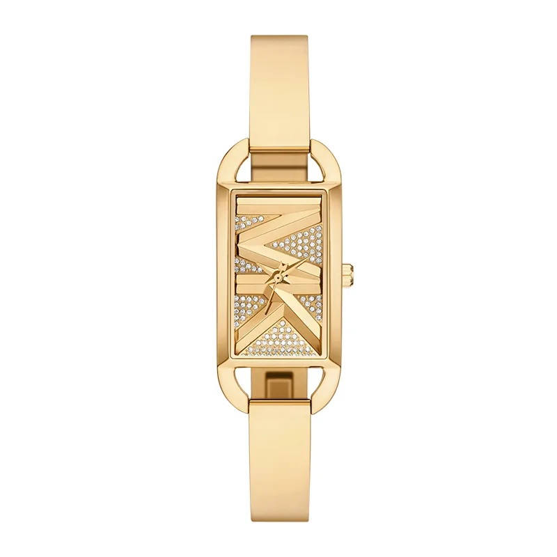 Reloj Mkors analogo, para Dama, tablero rectangular color dorado, estilo sin numeros, pulso acero color dorado