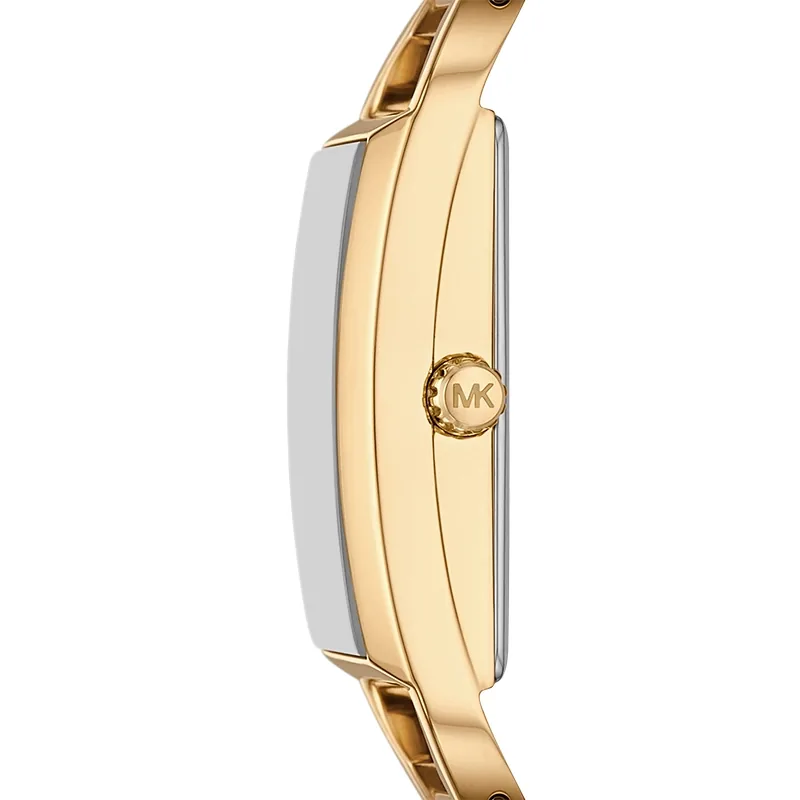 Reloj Mkors analogo, para Dama, tablero rectangular color dorado, estilo sin numeros, pulso acero color dorado