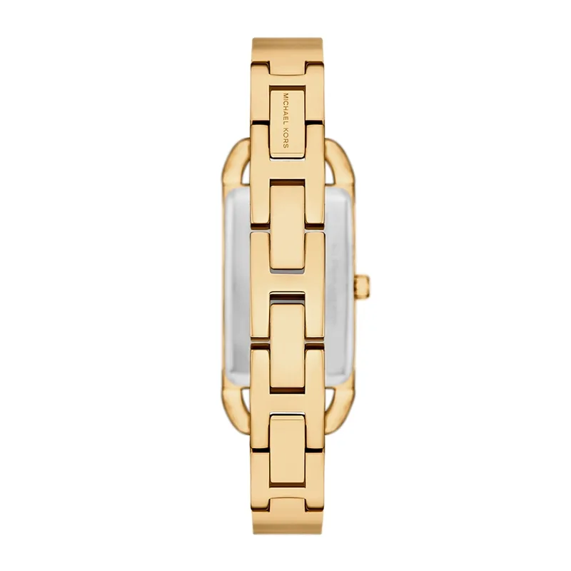 Reloj Mkors analogo, para Dama, tablero rectangular color dorado, estilo sin numeros, pulso acero color dorado
