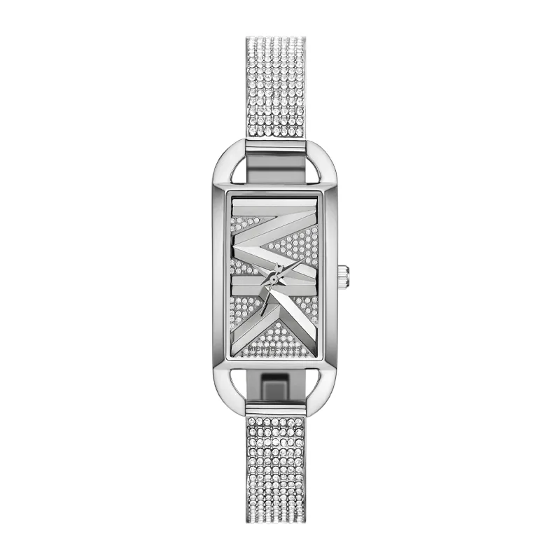 Reloj Mkors analogo, para Dama, tablero rectangular color plateado, estilo sin numeros, pulso acero color plateado