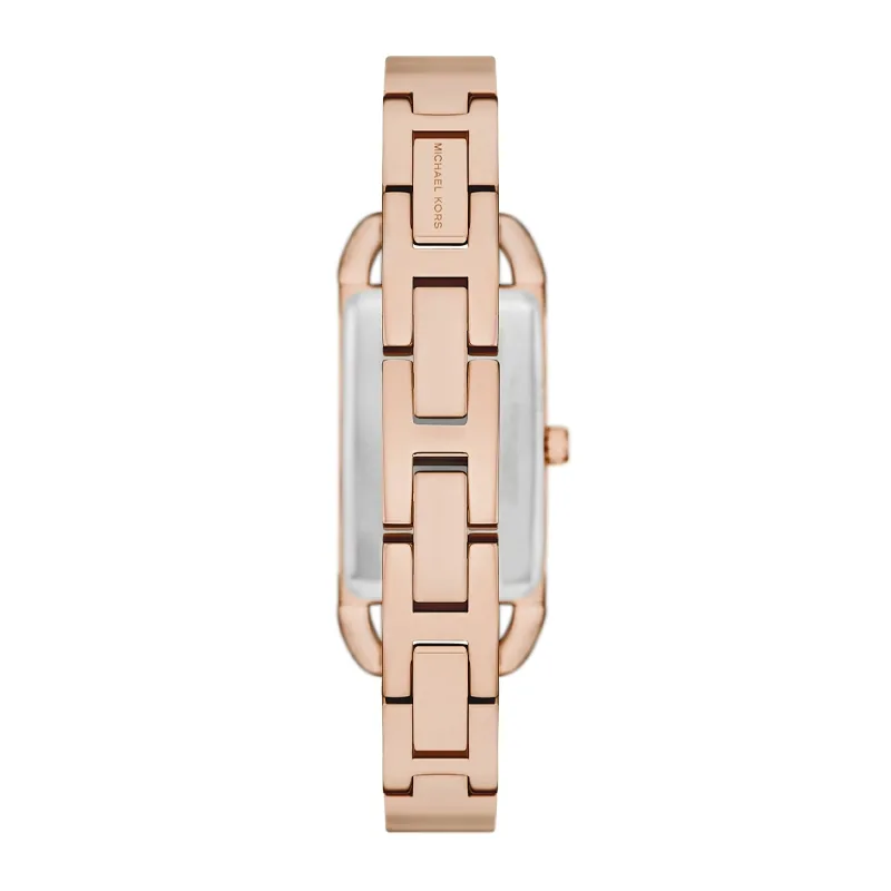 Reloj Mkors analogo, para Dama, tablero rectangular color rosa, estilo sin numeros, pulso acero color rosa