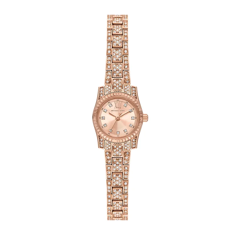 Reloj Mkors analogo, para Dama, tablero redondo color rosa, estilo puntos + romano, pulso acero color rosa