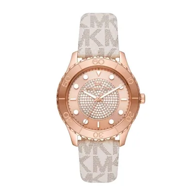 Reloj Mkors analogo, para Dama, tablero redondo color rosa, estilo index + puntos, pulso cuero color beige