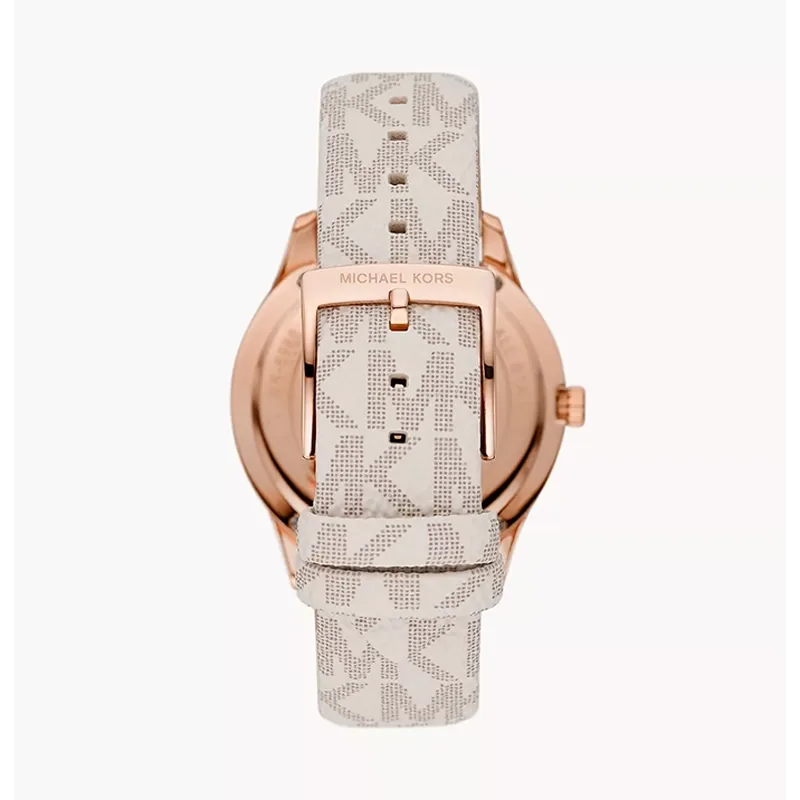 Reloj Mkors analogo, para Dama, tablero redondo color rosa, estilo index + puntos, pulso cuero color beige