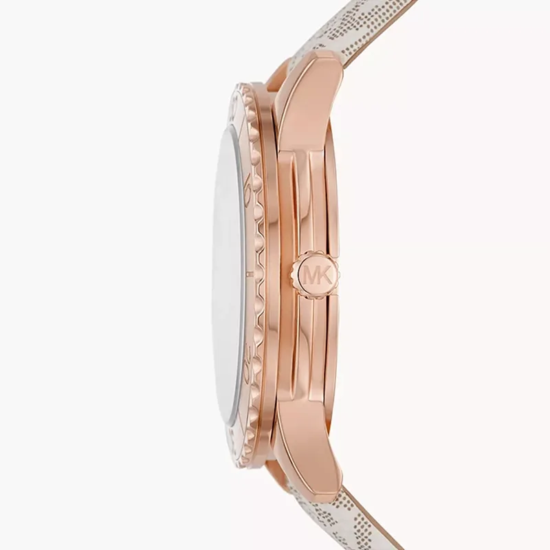 Reloj Mkors analogo, para Dama, tablero redondo color rosa, estilo index + puntos, pulso cuero color beige