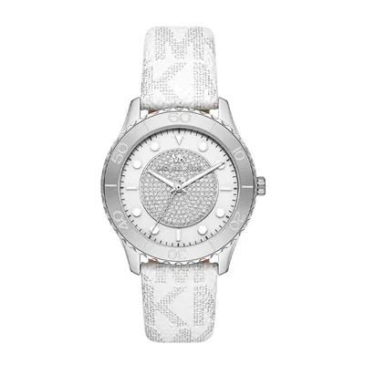 Reloj Mkors analogo, para Dama, tablero redondo color plateado, estilo index + puntos, pulso cuero color blanco