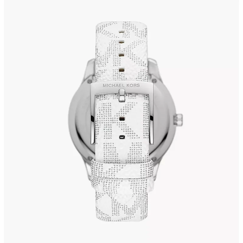Reloj Mkors analogo, para Dama, tablero redondo color plateado, estilo index + puntos, pulso cuero color blanco