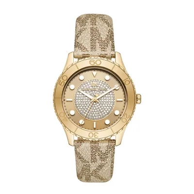 Reloj Mkors analogo, para Dama, tablero redondo color dorado, estilo index + arabigo, pulso cuero color café