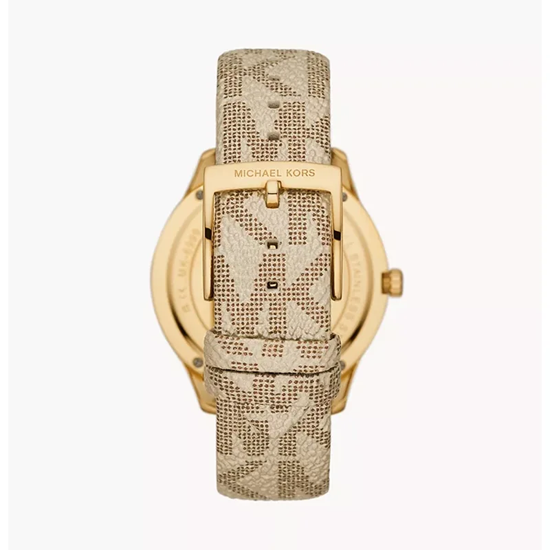Reloj Mkors analogo, para Dama, tablero redondo color dorado, estilo index + arabigo, pulso cuero color café