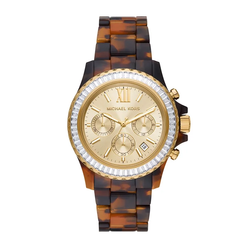 Reloj Mkors analogo, para Dama, tablero redondo color dorado, estilo index + romano, pulso plastico color café, calendario, cronografo
