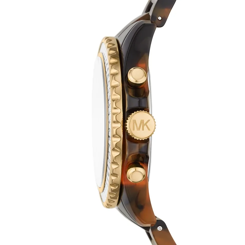 Reloj Mkors analogo, para Dama, tablero redondo color dorado, estilo index + romano, pulso plastico color café, calendario, cronografo
