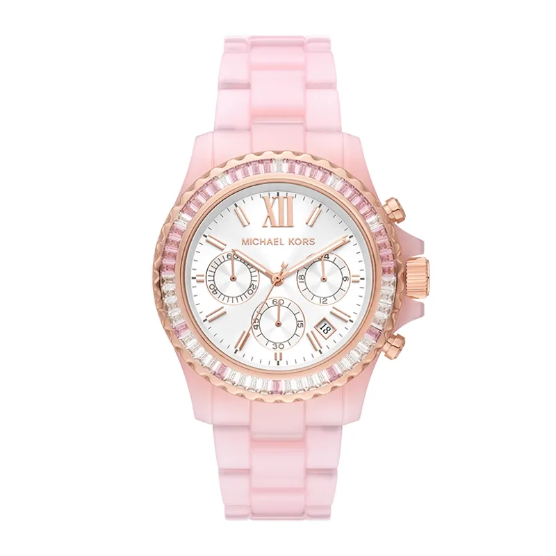 Reloj Mkors analogo, para Dama, tablero redondo color plateado, estilo index + romano, pulso plastico color rosado, calendario, cronografo