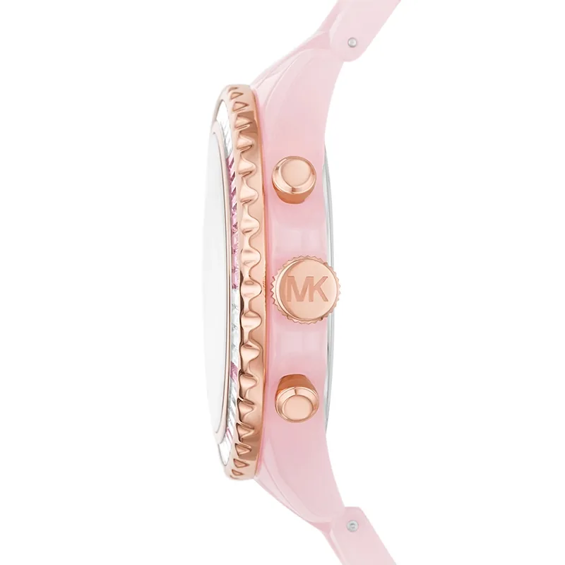 Reloj Mkors analogo, para Dama, tablero redondo color plateado, estilo index + romano, pulso plastico color rosado, calendario, cronografo