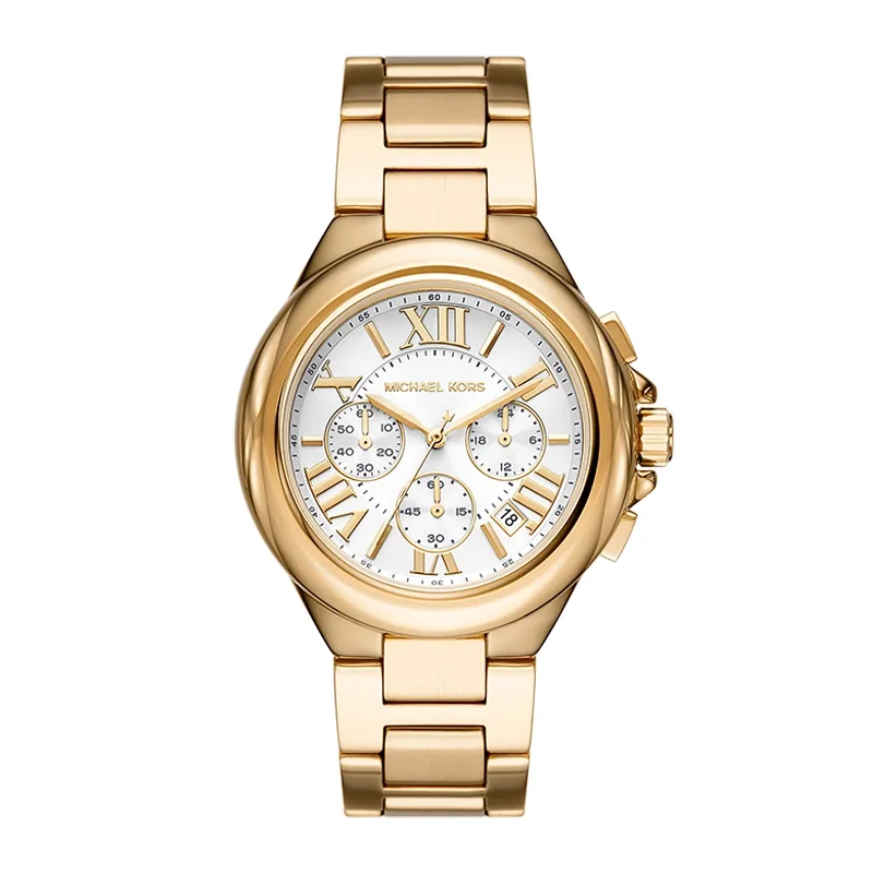 Reloj Mkors analogo, para Dama, tablero redondo color blanco, estilo index + romano, pulso acero color dorado, calendario