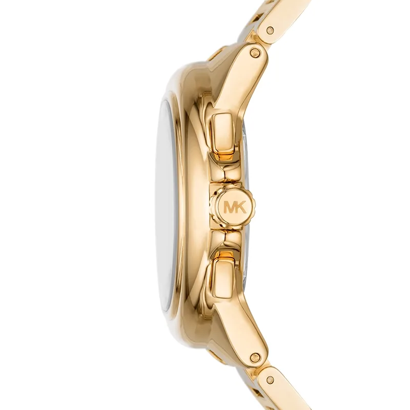 Reloj Mkors analogo, para Dama, tablero redondo color blanco, estilo index + romano, pulso acero color dorado, calendario