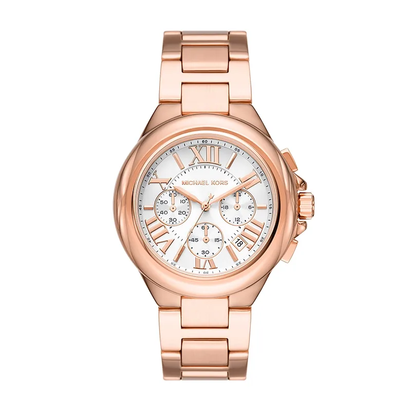 Reloj Mkors analogo, para Dama, tablero redondo color rosa, estilo index + romano, pulso acero color rosa, calendario