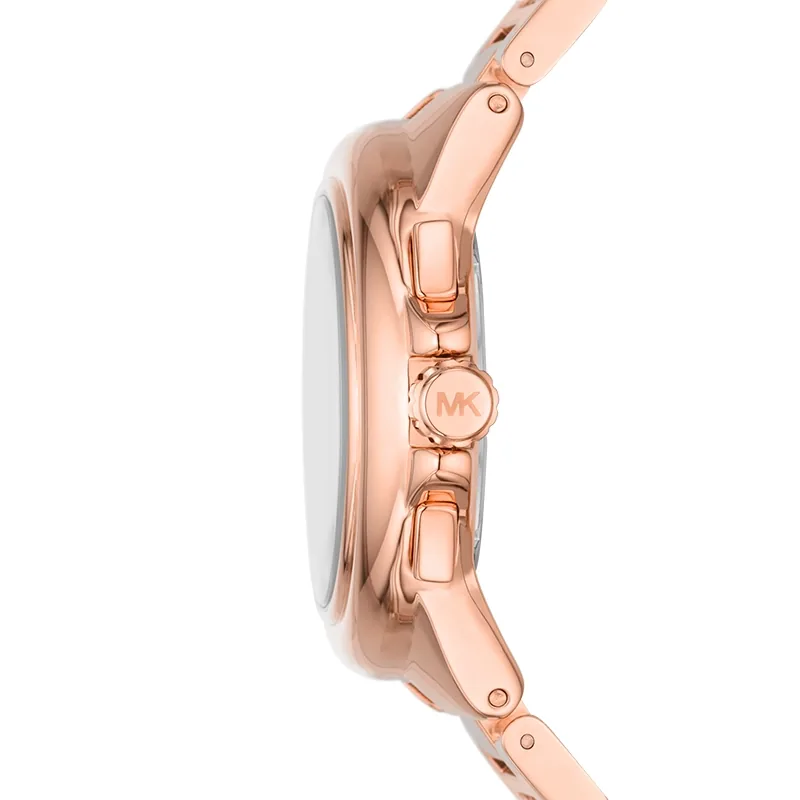 Reloj Mkors analogo, para Dama, tablero redondo color rosa, estilo index + romano, pulso acero color rosa, calendario