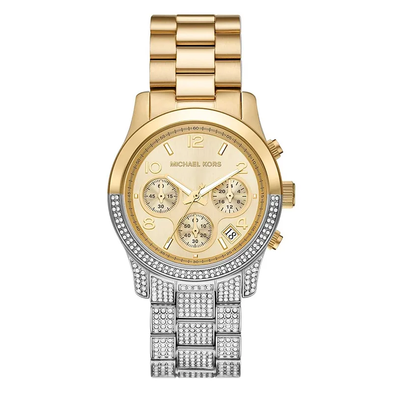 Reloj Mkors analogo, para Dama, tablero redondo color dorado, estilo index + arabigo, pulso acero colores dorado y plateado, calendario, cronografo